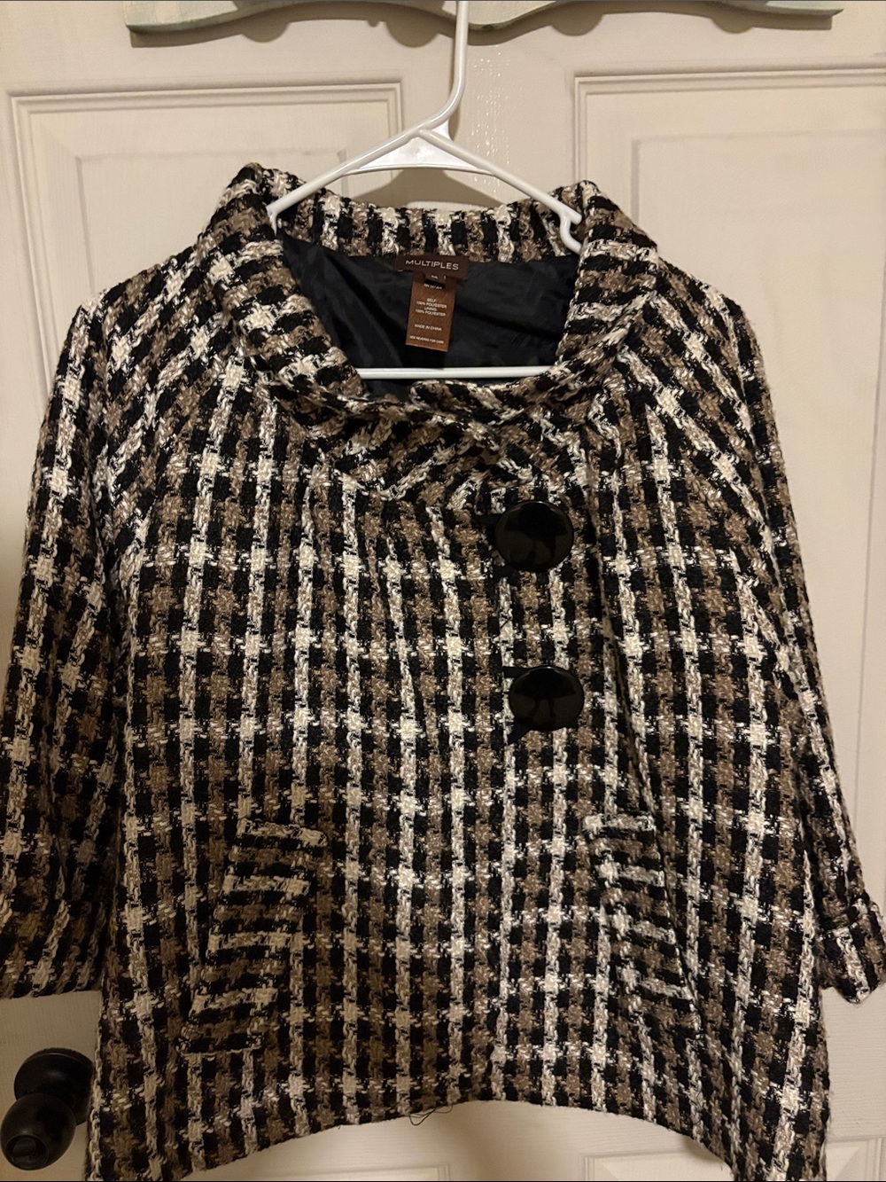 Multiples Black Tan and Cream Tweed Pea Coat with Large Buttons
